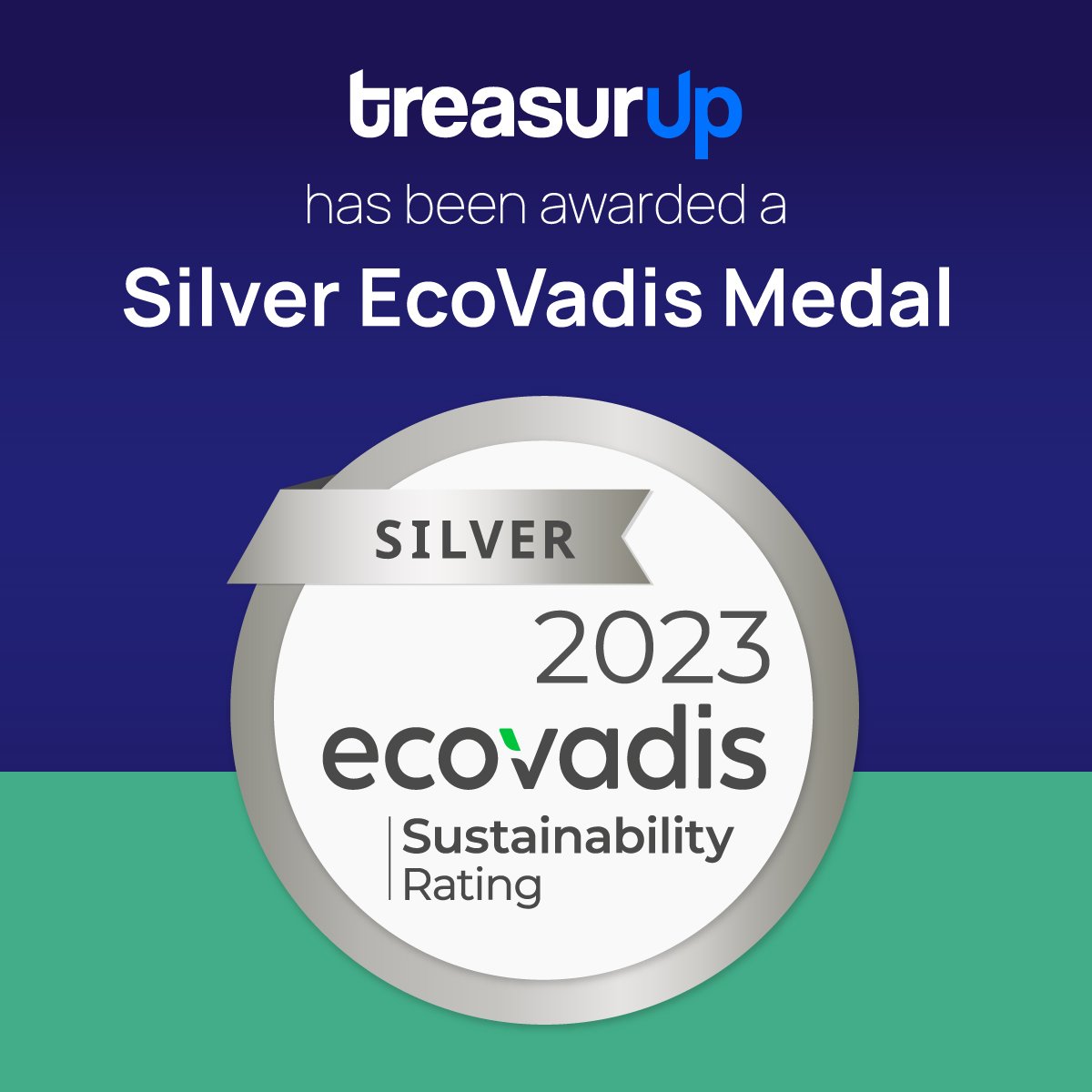 Image of a silver medal with the words "EcoVadis" written at the top and "TreasurUp" at the bottom. The medal represents a sustainability award given by EcoVadis to TreasurUp.