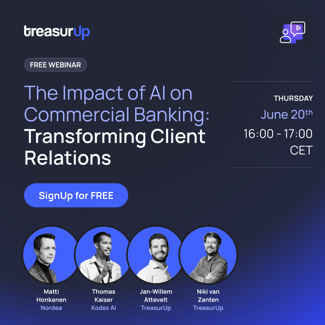 Speakers from TreasurUp and Nordea delve into the AI revolution in Commercial Banking, exploring its transformative impact on client relations. Join the discussion on June 20th, 2024, for insights on leveraging AI for banking innovation.