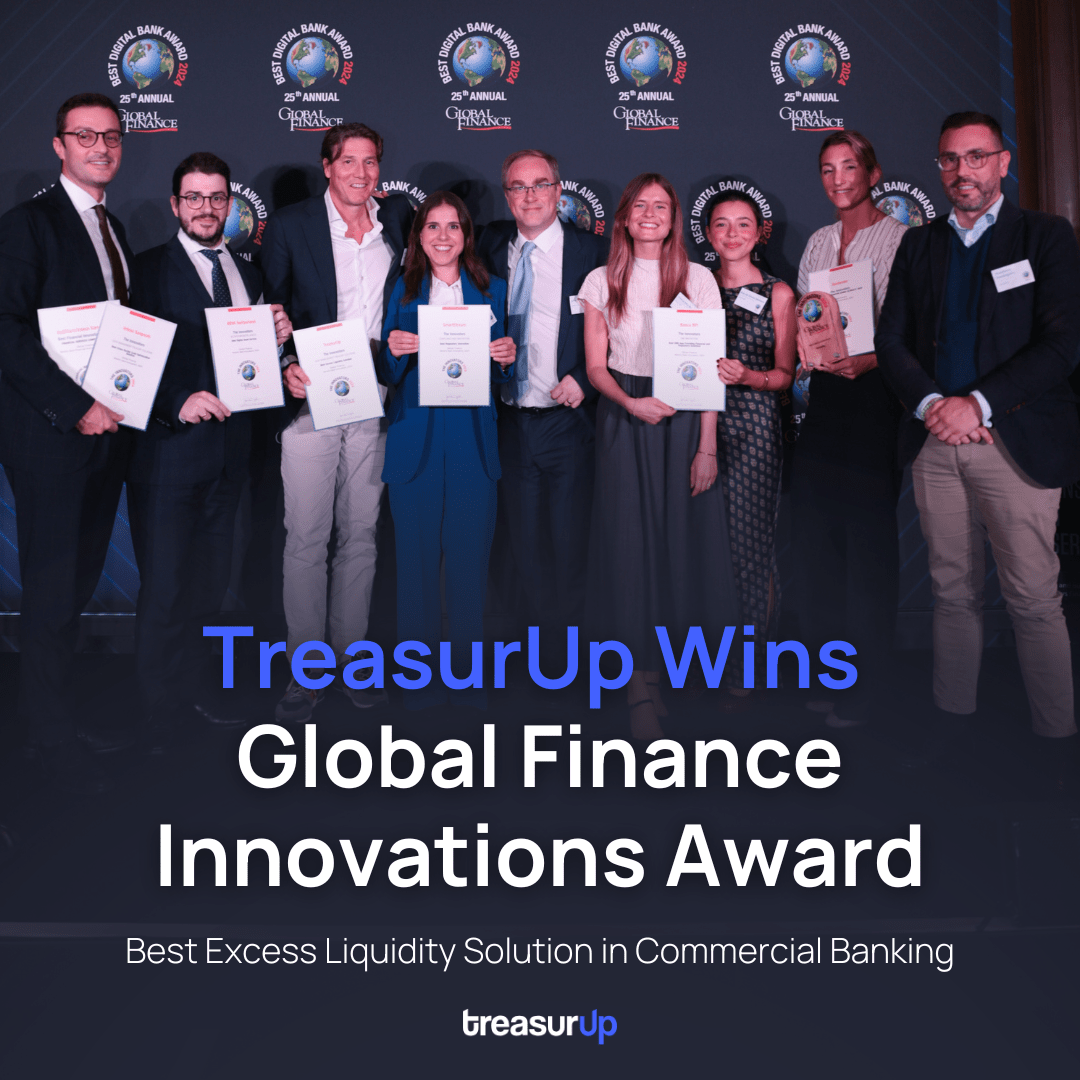 TreasurUp receiving the Best Excess Liquidity Solution award at the 2024 Global Finance Innovations Awards ceremony.