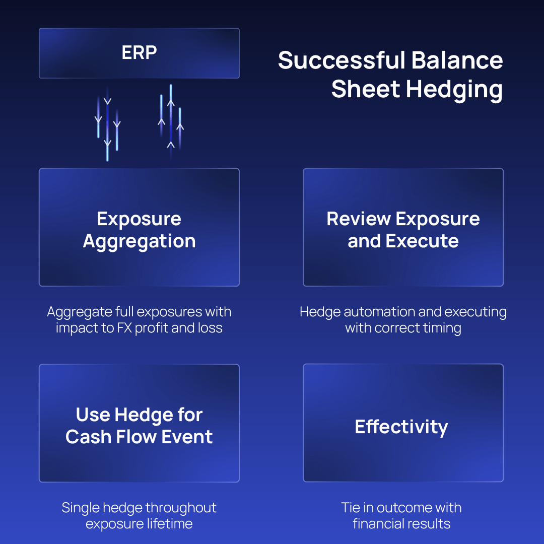 Infographic demonstrating exposure aggregation, review, execution, and effectiveness in bank-led balance sheet hedging