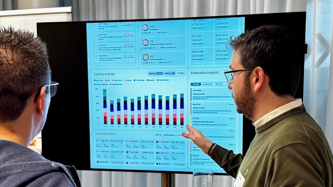 A TreasurUp FX analytics prototype being walked through on screen